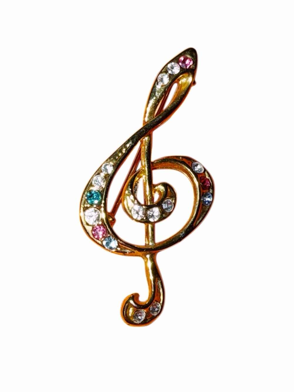 Gold-tone Treble Cleft Multi Color Rhinestone Music Note Vintage Brooch